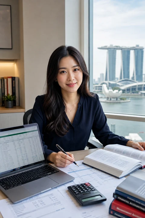 Singapore-based accounting learner studying financial reports with a laptop