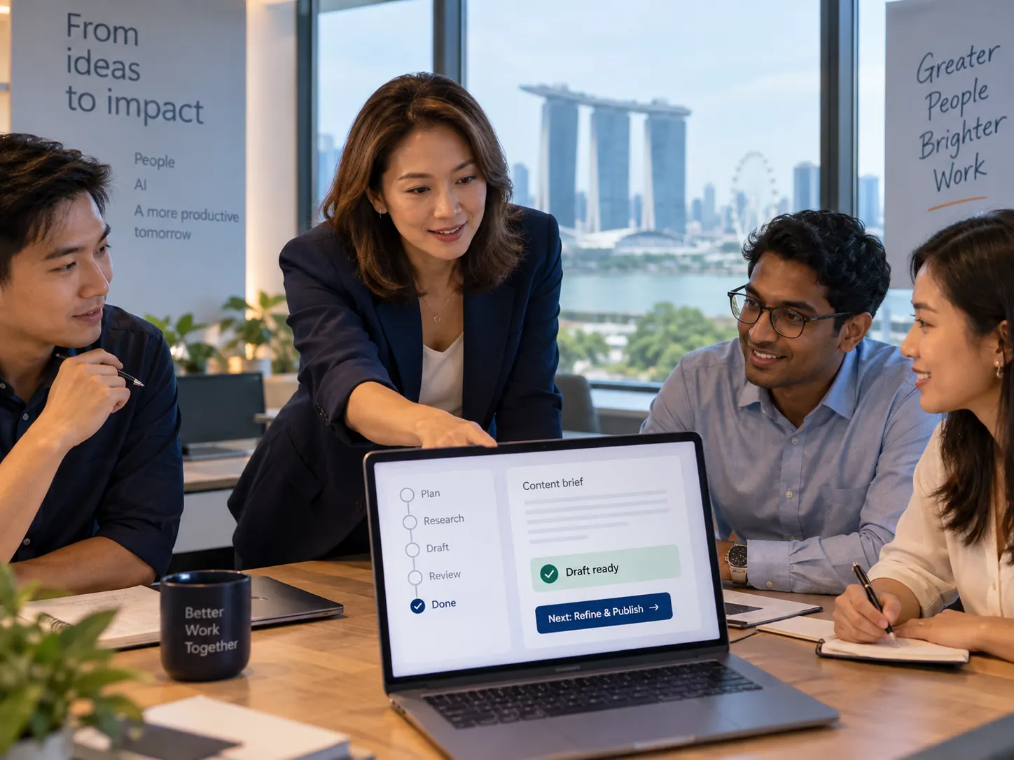 Team lead reviewing an AI-supported workflow with colleagues