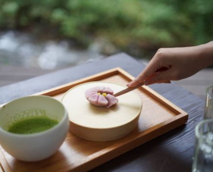 Japanese sweets and tea side river