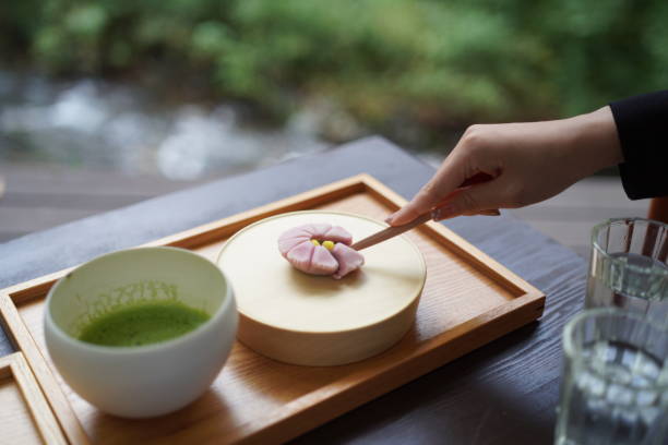 Japanese sweets and tea side river