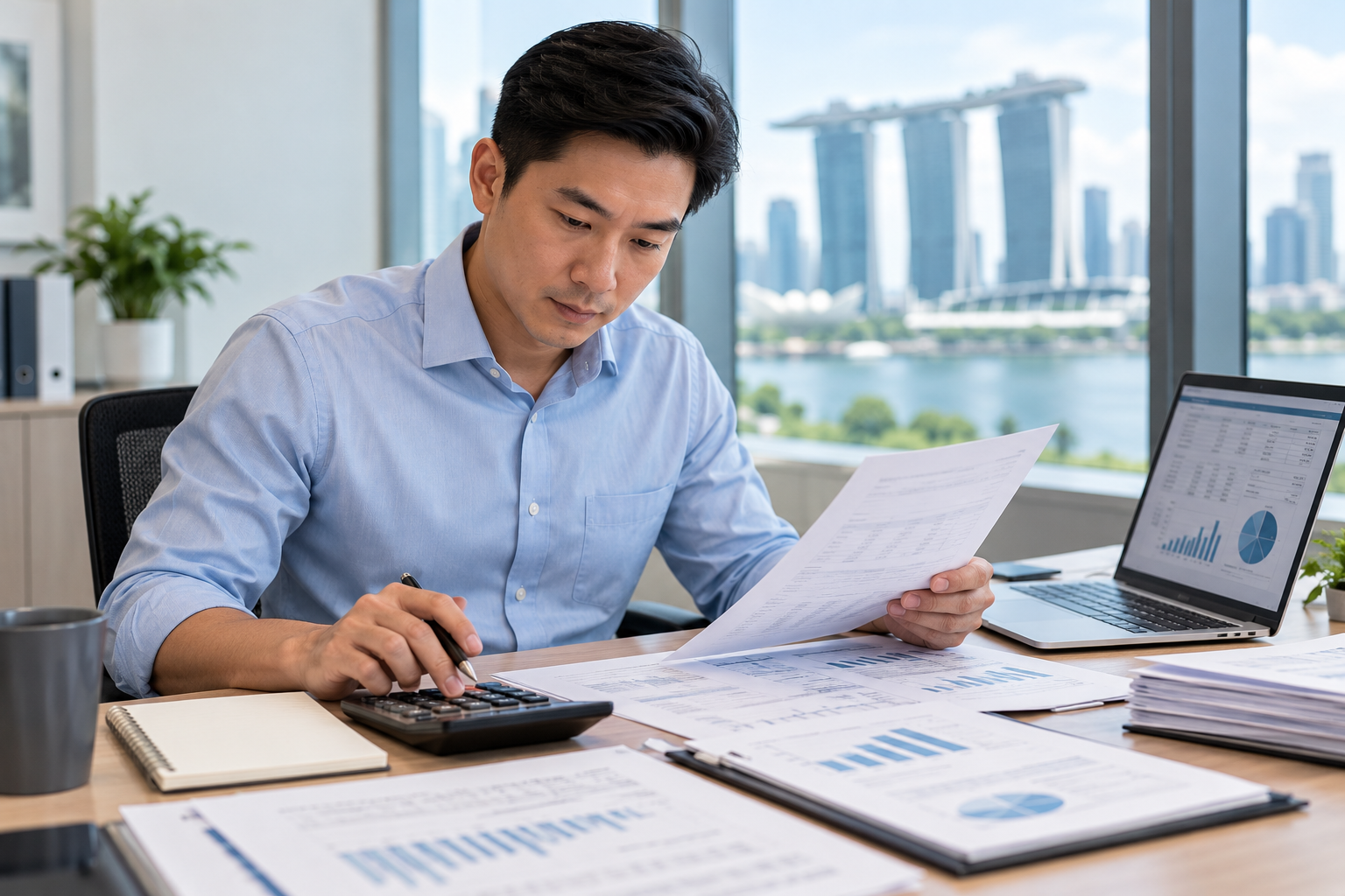 acca-accounting-professional Accounting professional reviewing financial statements with a calculator and laptop